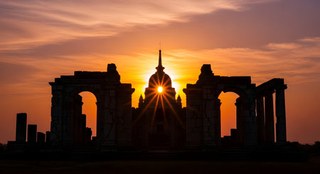 The silhouette of ancient temple ruins against a brilliant orange and purple sunset. The sun creates a starburst effect as it aligns perfectly with the central spire of the structure, evoking a sense of history and wonder.の素材