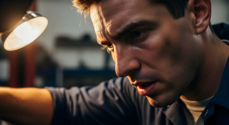 An atmospheric close-up captures the intense, focused expression of a male mechanic working under a lamp, with a smudge of grease on his face. This portrait highlights the dedication, skill, and concentration required in manual labor and technical professions.の素材