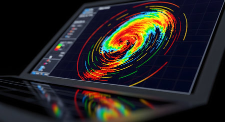 A laptop screen displays a colorful weather radar map, showing the powerful spiral of a hurricane or tropical cyclone. This image represents meteorology, weather forecasting, data analysis, and storm tracking technology.の素材