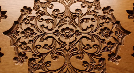 A detailed close-up of an intricate floral and scrollwork pattern, beautifully carved into a wooden surface. The dramatic lighting emphasizes the deep relief and the exceptional skill of the artisan. This image represents traditional craftsmanship, ornate decoration, and the art of woodworking.の素材