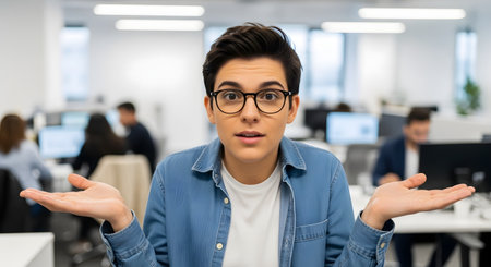A young person with short hair and glasses makes a confused or questioning gesture, shrugging with their palms facing up in an open office environment. Their expression conveys uncertainty, doubt, or a lack of knowledge. This represents concepts like problems, questions, and workplace confusion.の素材