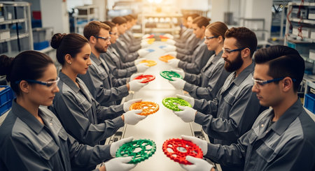 Workers in uniform and protective gear sit opposite each other along a long assembly line in a modern factory. They are meticulously inspecting and passing colorful plastic gears, symbolizing precision, quality control, and mass production.の素材