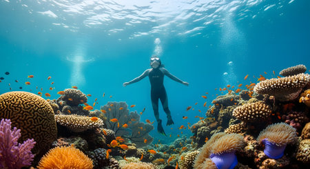 A woman in a wetsuit explores a stunningly vibrant coral reef while snorkeling or freediving. She is surrounded by a school of bright orange tropical fish under the clear blue sunlit water, representing adventure, marine life, and ocean conservation.の素材