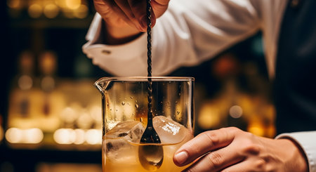 A close-up shot of a bartender's hands skillfully stirring an amber-colored cocktail with ice in a crystal mixing glass. Using a long bar spoon, the mixologist chills the drink in a sophisticated, warmly lit bar setting.の素材