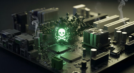 A conceptual image of a computer virus, represented as a physical, glowing green pathogen with a skull symbol, infecting a smoking motherboard. This illustrates concepts of cybersecurity threats, malware, hacking, and system failure.の素材