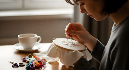 A woman sits in a cozy, sunlit room, deeply focused on her embroidery, with colorful threads and a cup of tea on the table. The peaceful scene embodies the concepts of mindfulness, relaxing hobbies, traditional crafts, and taking time for creative pursuits.の素材