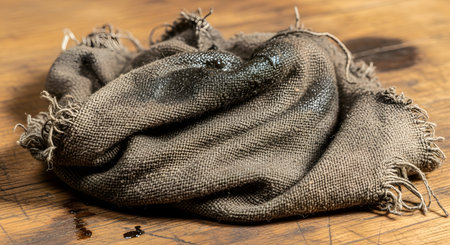 A crumpled, dirty rag made of coarse burlap fabric lies on a wooden workbench. The fabric is stained with dark patches of oil and grease, creating a gritty, textured image that evokes a sense of manual labor in a garage or workshop.の素材