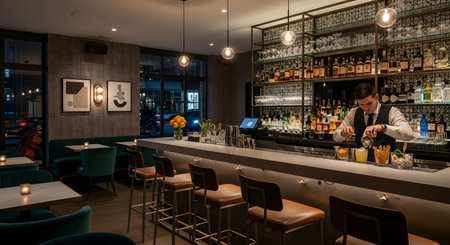 A professional bartender mixes a drink in a sophisticated, dimly lit cocktail bar. The modern interior features comfortable seating, elegant lighting, and a well-stocked bar, creating a chic and inviting atmosphere for a night out.の素材