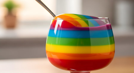 A glass goblet holds a vibrant, multi-layered rainbow jello dessert, with a spoon resting in it. The colorful gelatin layers of red, orange, yellow, green, blue, and purple create a fun and cheerful treat, perfect for parties and celebrations.の素材