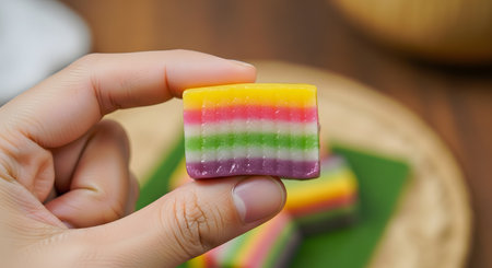A person's hand holds up a single, colorful piece of Kue Lapis, a traditional Indonesian layered cake. The vibrant rainbow layers of the sweet, chewy snack are clearly visible. This image highlights a popular and delicious Southeast Asian dessert.の素材