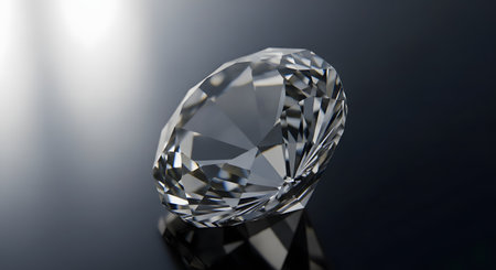 A flawless, brilliant-cut diamond is shown in a close-up 3D render on a dark, reflective surface. The gemstone's many facets sparkle, reflecting light and representing luxury, wealth, love, and perfection.の素材