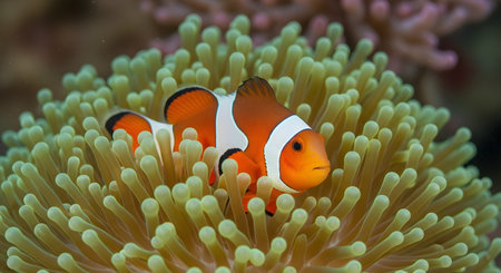 A bright orange and white clownfish, or anemonefish, finds shelter among the protective tentacles of its host sea anemone. This stunning underwater photograph captures the classic symbiotic relationship found on vibrant coral reefs.の素材