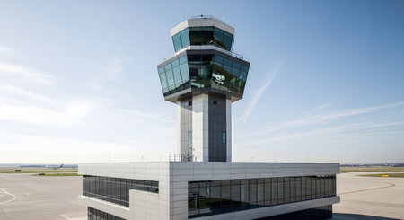 A modern airport air traffic control tower stands tall against a clear blue sky. The architectural design features a large, multi-faceted glass cabin at the top, providing a panoramic view of the runways for ensuring aviation safety. The image represents control, communication, and the infrastructure of air travel.の素材