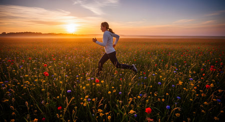 An athletic woman is jogging through a vast, beautiful field of colorful wildflowers during a golden sunrise. The serene and inspiring scene represents a healthy lifestyle, freedom, nature, and enjoying the beauty of the morning.の素材