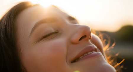 A close-up of a young woman's face tilted towards the sky, her eyes closed with a peaceful smile as she enjoys the warm glow of the sun. This beautiful image captures a moment of pure bliss, serenity, and mindfulness.の素材