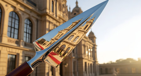The perfectly polished, mirror-like blade of a spearhead reflects a distorted image of a grand, classical building with a red carpet at sunset. This conceptual image creates a powerful contrast between historical weaponry and timeless architecture.の素材