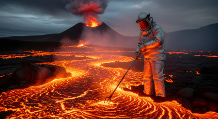 A volcanologist wearing a silver heat-resistant suit stands dangerously close to a flowing river of molten lava. Using a long sampling pole, the scientist studies the volcanic activity with an erupting volcano spewing smoke and fire in the background.の素材