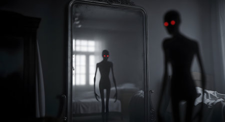 In a dark and eerie bedroom, a terrifying shadow creature with glowing red eyes is reflected in an antique mirror. The monster's out-of-focus silhouette lurks in the foreground, creating a chilling and suspenseful horror scene. This image evokes feelings of fear, nightmares, and the supernatural.の素材