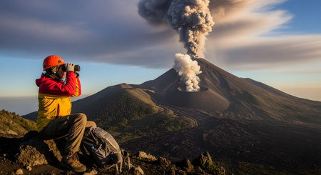 A hiker wearing a helmet and a backpack sits on a mountain ridge, safely observing a powerful volcanic eruption through binoculars. A massive plume of ash and smoke billows from the volcano's crater, creating a dramatic and awe-inspiring scene of nature's power.の素材