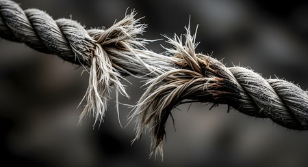 A dramatic close-up of a thick, twisted rope under extreme tension, frayed and about to snap. The image powerfully symbolizes concepts like stress, risk, danger, breaking point, fragility, and imminent failure.の素材