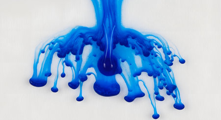 Vibrant blue ink drips and spreads across a white textured surface, creating an organic, abstract pattern resembling veins or roots. The fluid motion is frozen in time, making for a compelling and artistic background.の素材
