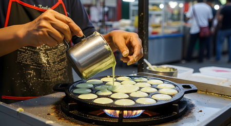 A street food vendor in an Asian night market pours pandan-flavored batter from a metal jug into a hot cast-iron pan to make small, round coconut pancakes (Khanom Krok). The scene captures the authentic experience of local cuisine and street food culture.の素材