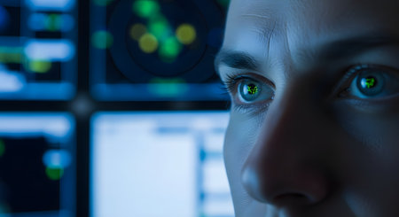 A close-up shot of a woman's focused eyes, which are reflecting complex data and graphs from multiple computer screens. The intense look and the glowing reflections symbolize data analysis, surveillance, cybersecurity, and advanced technology.の素材