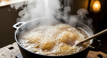 An intense close-up of a bubbling liquid boiling vigorously in a black pot, releasing a large amount of thick white steam. A wooden spoon is submerged in the mixture, capturing a dynamic moment of cooking, brewing, or reducing a sauce.の素材