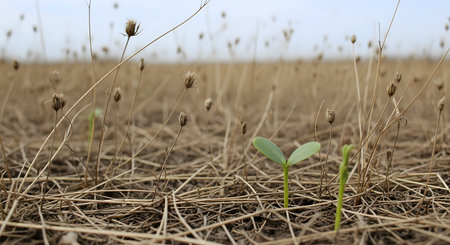 A tiny green sprout with two leaves pushes through dry, cracked earth covered in withered straw, symbolizing new life, hope, and resilience. This close-up shot contrasts the vibrant new growth with the barren, arid landscape of the surrounding field.の素材