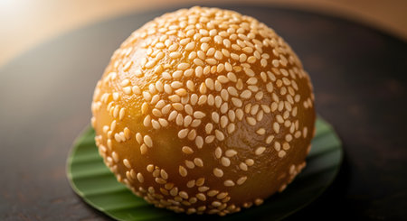 A close-up photograph of a golden-brown Onde-onde, a traditional Indonesian fried pastry made from glutinous rice flour. The delicious sphere is coated with sesame seeds and sits on a small piece of banana leaf, ready to be eaten.の素材