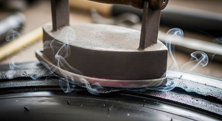 A close-up of a hot, vintage-style iron pressing a patch onto a black tire, with wisps of smoke rising. This image depicts the traditional manual process of vulcanization for repairing a punctured tire.の素材