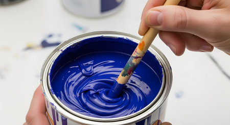 A close-up shot shows a hand using a paint-stained wooden stick to stir a can of vibrant, glossy blue paint. The thick paint creates beautiful swirls and ripples, indicating its rich consistency and readiness for a creative or renovation project.の素材