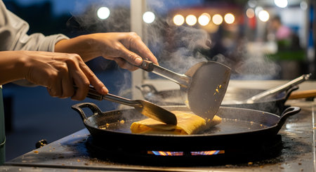 The hands of a street food vendor use two metal spatulas to fold a cooking crepe or roti on a large, round griddle over an open flame. This night scene captures the steam rising from the food, with the vibrant bokeh lights of a busy night market blurred in the background.の素材