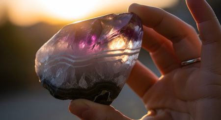 A hand holds up a piece of raw amethyst, with the warm light of a setting sun shining through it. The backlit gemstone glows with a vibrant purple hue, revealing its translucent quality, internal patterns, and agate banding. This image evokes a sense of nature, spirituality, and healing crystals.の素材