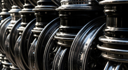 An abstract close-up photograph of a row of identical, shiny chrome industrial parts, possibly motorcycle wheels or engine components. The tight framing and sharp focus create a powerful repeating pattern of metallic curves and lines. The image represents industry, machinery, and precision engineering.の素材