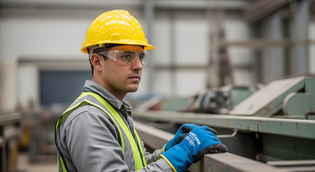 A portrait of a male factory worker wearing personal protective equipment (PPE), including a yellow hard hat, safety glasses, and gloves. He stands in an industrial plant environment, looking thoughtfully to the side, representing manufacturing, labor, and workplace safety.の素材