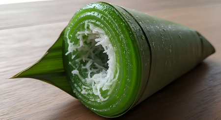 A close-up of Kue Dadar Gulung, a traditional Indonesian sweet snack. The green pandan-flavored crepe is rolled and filled with sweet grated coconut, all wrapped neatly in a leaf. This image showcases a popular Southeast Asian dessert on a wooden surface.の素材