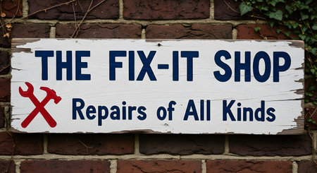 A weathered, rustic wooden sign with peeling white paint is mounted on an old brick wall. The sign reads 'THE FIX-IT SHOP, Repairs of All Kinds' in blue text, with a small red wrench and hammer icon, representing a local, traditional repair business.の素材