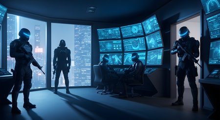 In a dimly lit, high-tech command center, futuristic soldiers in full tactical armor and glowing helmets monitor an array of computer screens. This sci-fi scene, overlooking a nighttime cityscape, suggests themes of advanced surveillance, military operations, or cybersecurity.の素材