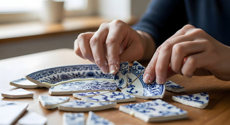 A person's hands are carefully arranging the shattered pieces of a blue and white patterned ceramic plate on a wooden table. The image represents the concepts of repair, restoration, patience, and finding a solution to a problem.の素材