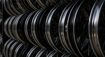 Rows of brand-new motorcycle wheels with wire spokes are stacked on a rack, creating a compelling industrial pattern. The dramatic, high-contrast black and white photography emphasizes the metallic sheen and design, ideal for themes of manufacturing and transportation.の素材