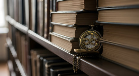A vintage pocket watch with an ornate cover featuring an infinity symbol rests against a stack of leather-bound books on a library shelf. The scene evokes a sense of timelessness, knowledge, history, and the endless nature of stories and learning.の素材