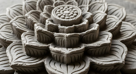 A detailed macro shot of a lotus flower carved from stone, showcasing the intricate layers of petals and the rough texture of the material. This sculpture represents purity, spirituality, and enlightenment in many Eastern cultures.の素材