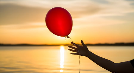 The silhouette of a hand gently releases a single red balloon into the air against the backdrop of a beautiful golden sunset over a calm body of water. The scene is poignant and symbolic, evoking feelings of letting go, freedom, loss, or hope. The warm light creates a peaceful yet emotional atmosphere.の素材