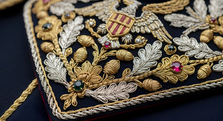 A detailed macro shot of an ornate ceremonial military epaulette on a dark blue uniform. The intricate hand embroidery features gold and silver thread in patterns of an eagle, a shield, oak leaves, and acorns, further embellished with red and green jewels. The image showcases exceptional craftsmanship, tradition, and regalia.の素材
