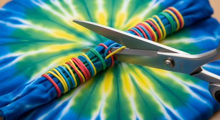 A pair of scissors is shown cutting through the colorful rubber bands on a bundled blue t-shirt, revealing the yellow and green tie-dye pattern underneath. This image captures the exciting final step in the DIY tie-dye crafting process.の素材