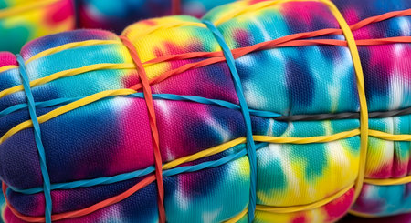 An extreme close-up of a piece of fabric that has been tie-dyed with vibrant shades of pink, blue, and yellow. The cloth is tightly bound with several rubber bands, showing the texture and saturated colors before the final pattern is revealed.の素材