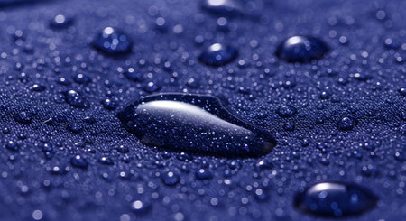 A detailed macro photograph shows water droplets beading up on the surface of a tightly woven blue fabric, demonstrating its waterproof and hydrophobic properties. The texture of the textile is clearly visible beneath the glistening drops.の素材