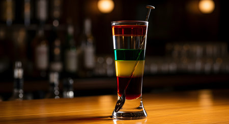 A beautifully crafted Pousse-cafe, a layered cocktail with distinct, colorful tiers of liqueurs, sits in a tall shot glass on a wooden bar counter. A bar spoon rests in the glass, and the softly lit, out-of-focus bar provides an atmospheric background.の素材