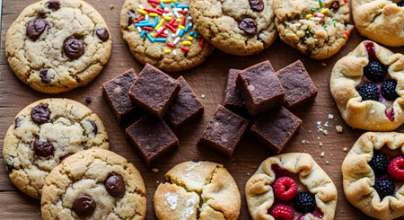 A tempting top-down flat lay of various freshly baked homemade sweets on a wooden surface. The delicious assortment includes classic chocolate chip cookies, cookies with sprinkles, rich fudge brownies, and rustic berry galettes.の素材